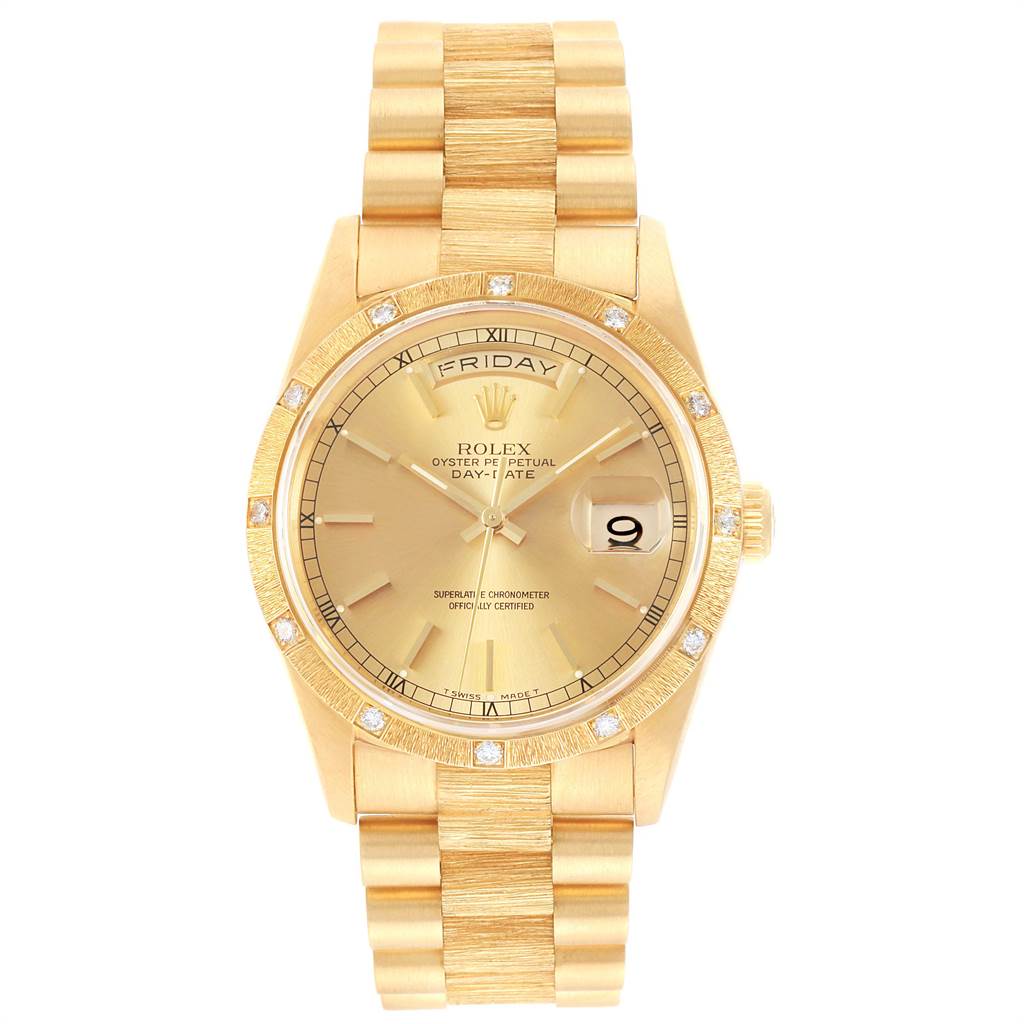 This Rolex President 18308 Men's Yellow Gold Champagne Dial 18308 Men's Yellow Gold Champagne Dial model watch is shown from a front angle, displaying the face, bezel, bracelet, and crown.