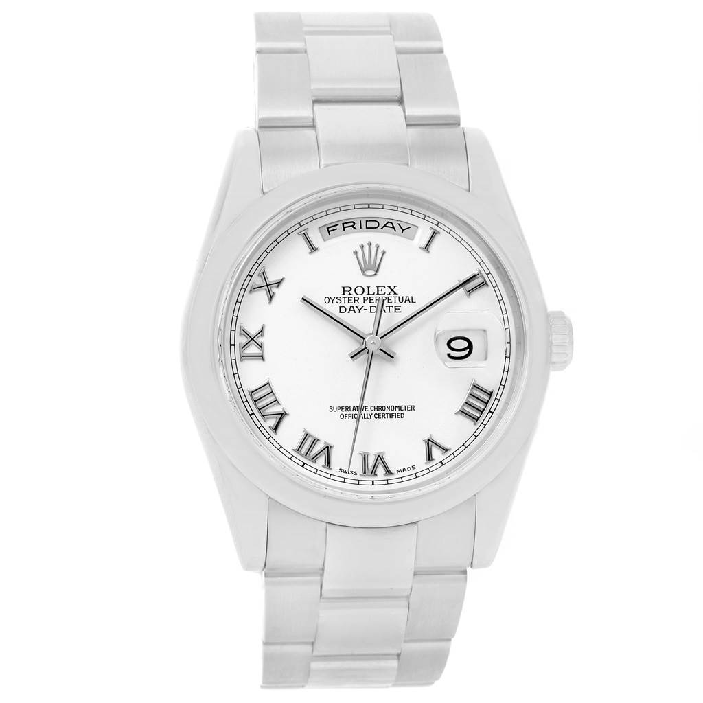 The image shows a front view of the Rolex President 118209 Men's White Gold White Dial 118209 Men's White Gold White Dial model watch, displaying the dial, bracelet, and crown.