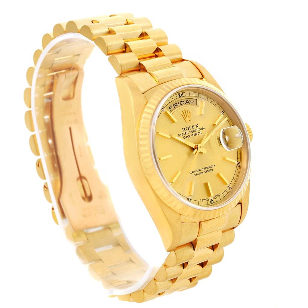 The Rolex President 18238 Men
s Yellow Gold Champagne Dial 18238 Men
s Yellow Gold Champagne Dial model is shown from a three-quarter angle, displaying the dial, day-date window, bracelet, and bezel.