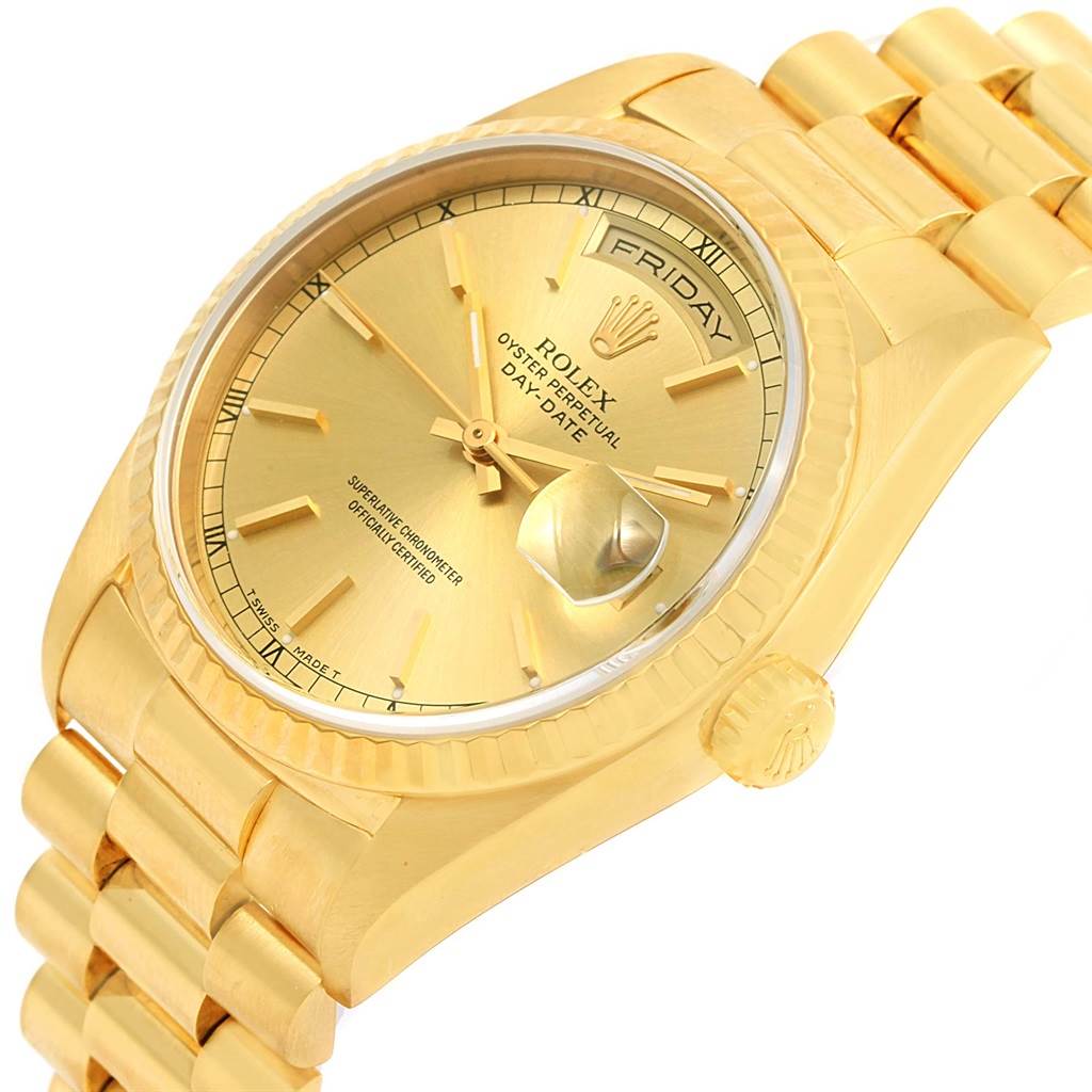 The image shows a close-up angled view of the Rolex President 18238 Men
s Yellow Gold Champagne Dial 18238 Men
s Yellow Gold Champagne Dial model watch, displaying its dial, bracelet, bezel, and crown.