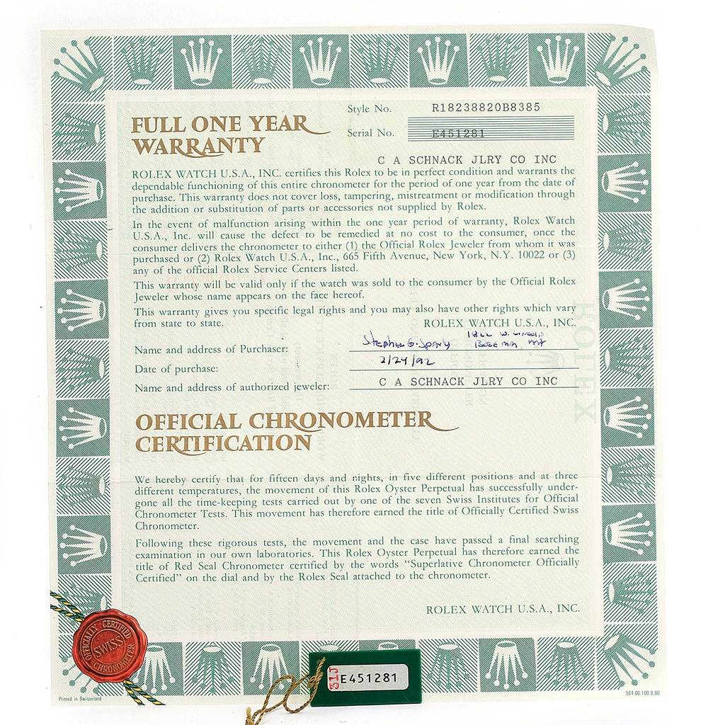 This image shows the warranty and certification paperwork for a Rolex President 18238 Men
s Yellow Gold Champagne Dial 18238 Men
s Yellow Gold Champagne Dial model watch.