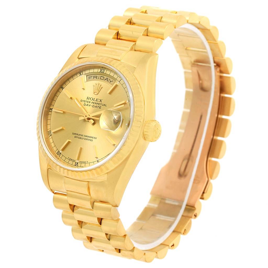 This image shows a Rolex President 18238 Men
s Yellow Gold Champagne Dial 18238 Men
s Yellow Gold Champagne Dial model watch angled to display the face, bracelet, and crown.