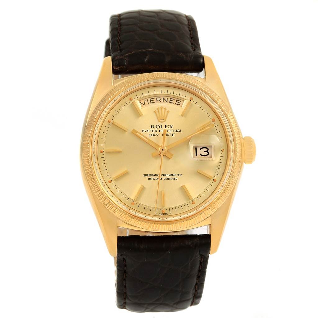 The Rolex President 1807 Men
s Yellow Gold Champagne Dial 1807 Men
s Yellow Gold Champagne Dial model watch is shown from a front angle, displaying its dial, bezel, and strap.