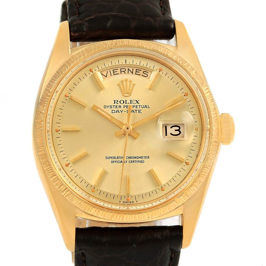 This image shows a frontal view of the Rolex President 1807 Men
s Yellow Gold Champagne Dial 1807 Men
s Yellow Gold Champagne Dial model watch, displaying the face, hands, date, and day features.