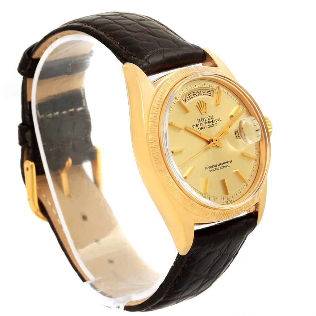 The Rolex President 1807 Men
s Yellow Gold Champagne Dial 1807 Men
s Yellow Gold Champagne Dial model watch is shown at a three-quarter angle, highlighting its gold case, leather strap, and day-date display.