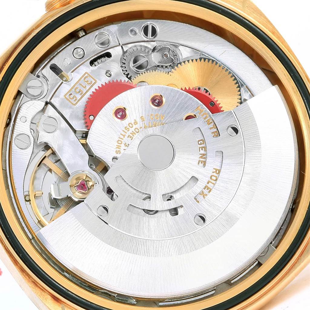This image shows a close-up view of the internal mechanism and movement parts of a Rolex President 18238 Men's Yellow Gold Champagne Dial 18238 Men's Yellow Gold Champagne Dial model watch.