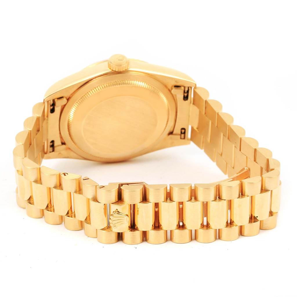 The image shows the back case and bracelet of a Rolex President 18238 Men's Yellow Gold Champagne Dial 18238 Men's Yellow Gold Champagne Dial model watch in a slightly angled view.