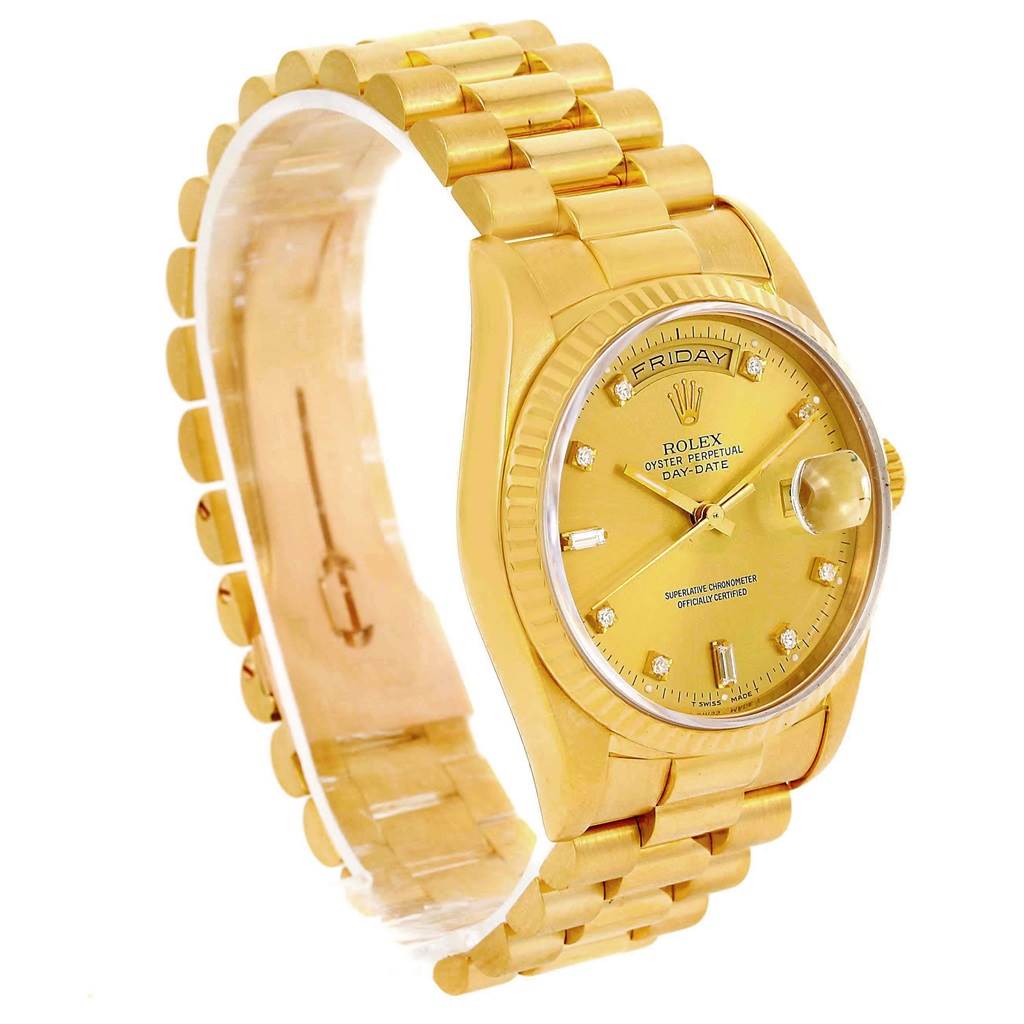 This image shows a Rolex President 18238 Men's Yellow Gold Champagne Dial 18238 Men's Yellow Gold Champagne Dial model watch at a slight angle, highlighting the bracelet, bezel, and dial.