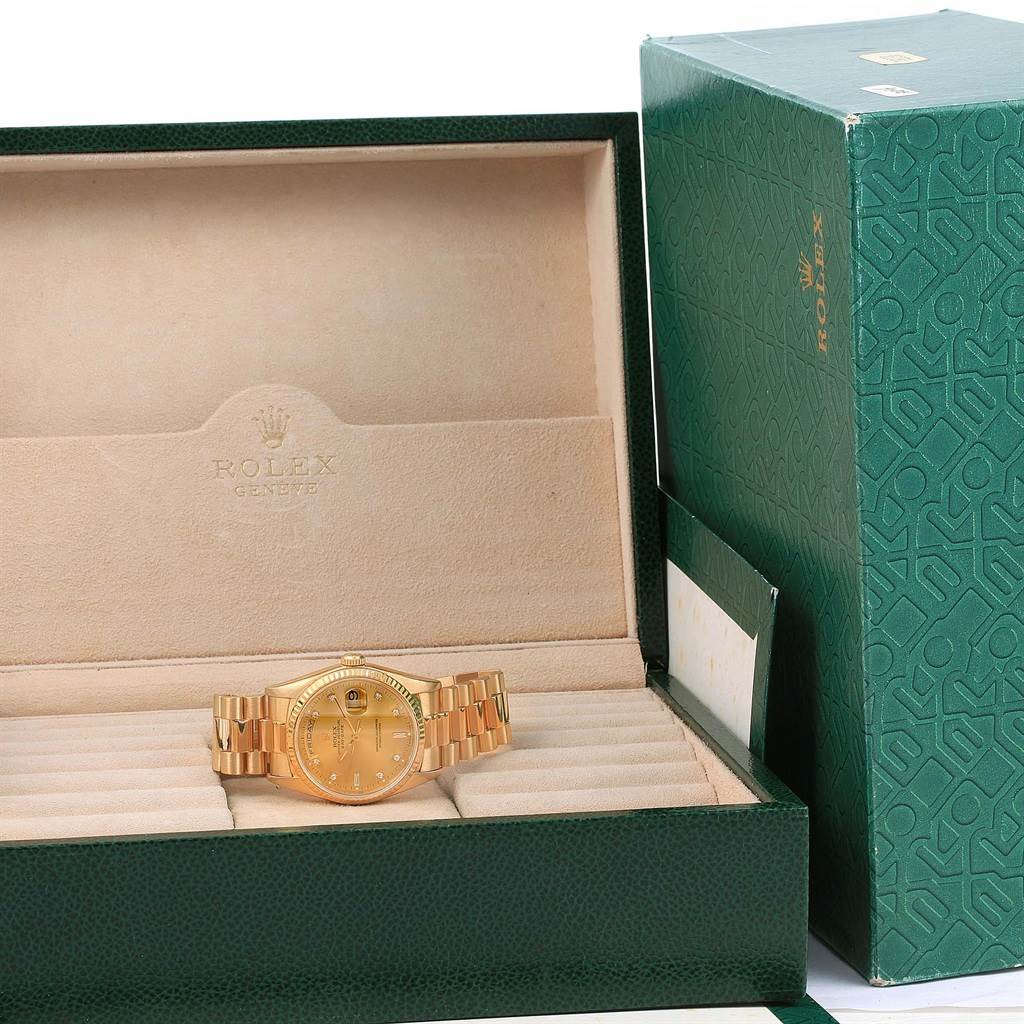 The image shows a Rolex President 18238 Men's Yellow Gold Champagne Dial 18238 Men's Yellow Gold Champagne Dial model watch in its open presentation box with additional packaging beside it.