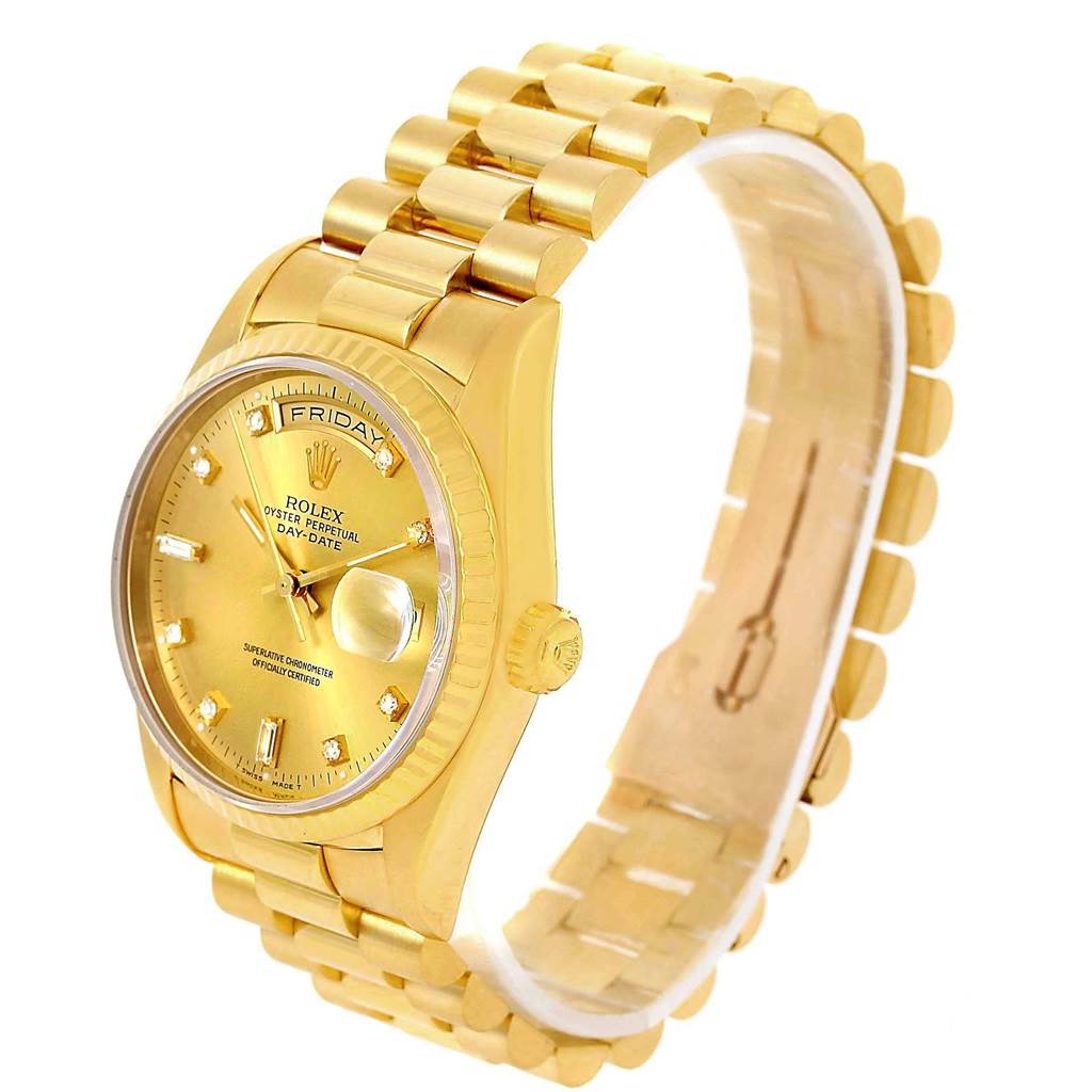 The image shows a Rolex President 18238 Men's Yellow Gold Champagne Dial 18238 Men's Yellow Gold Champagne Dial model watch from a front angle, highlighting the dial, bracelet, bezel, and crown.