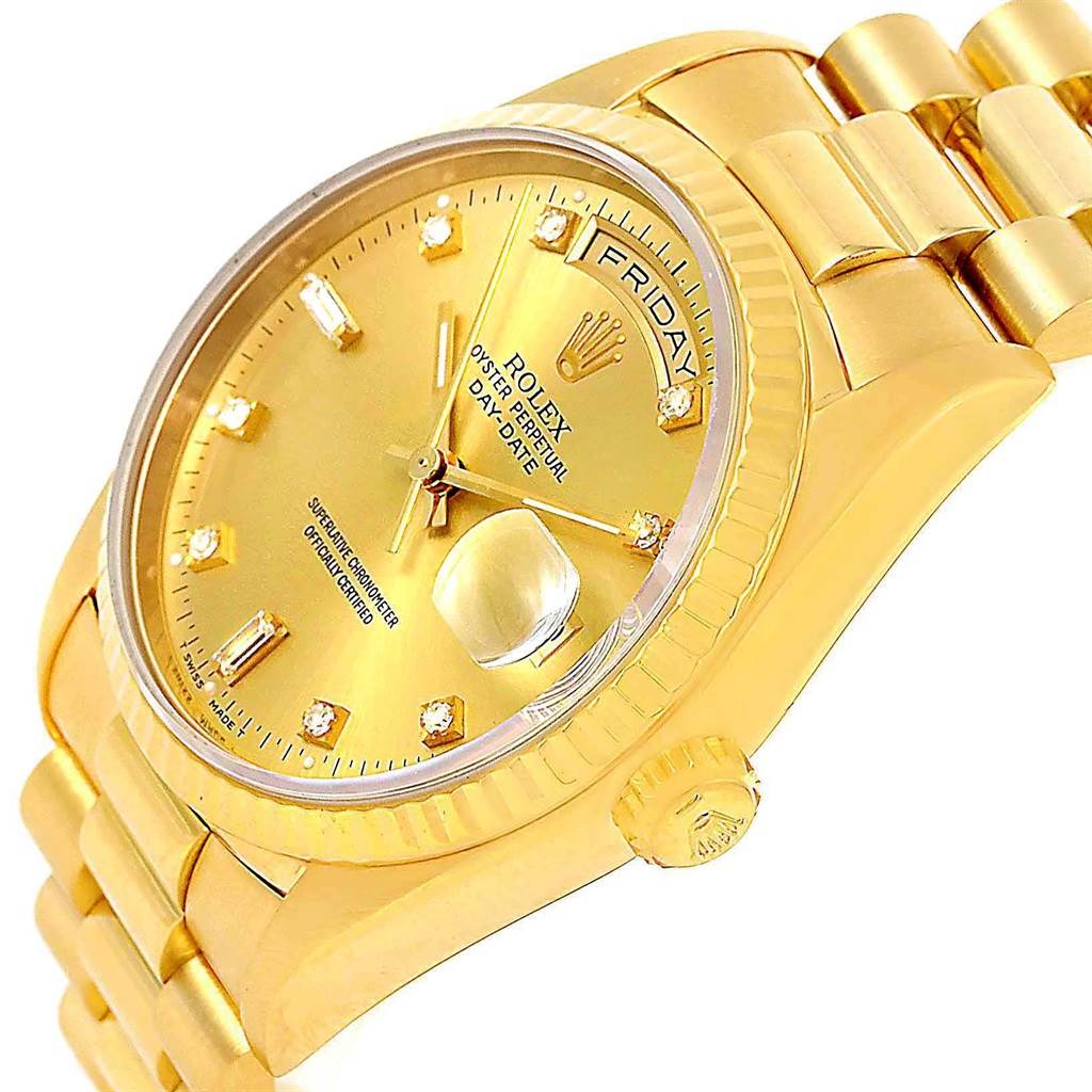 The image shows a close-up angle of the Rolex President 18238 Men's Yellow Gold Champagne Dial 18238 Men's Yellow Gold Champagne Dial model watch, displaying the dial, crown, and part of the bracelet.