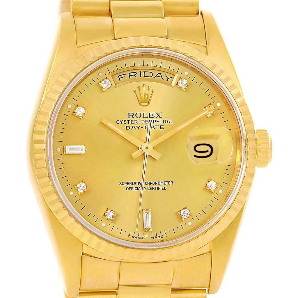 The image shows a front view of the Rolex President 18238 Men's Yellow Gold Champagne Dial 18238 Men's Yellow Gold Champagne Dial model, featuring the watch face, bracelet, and crown.