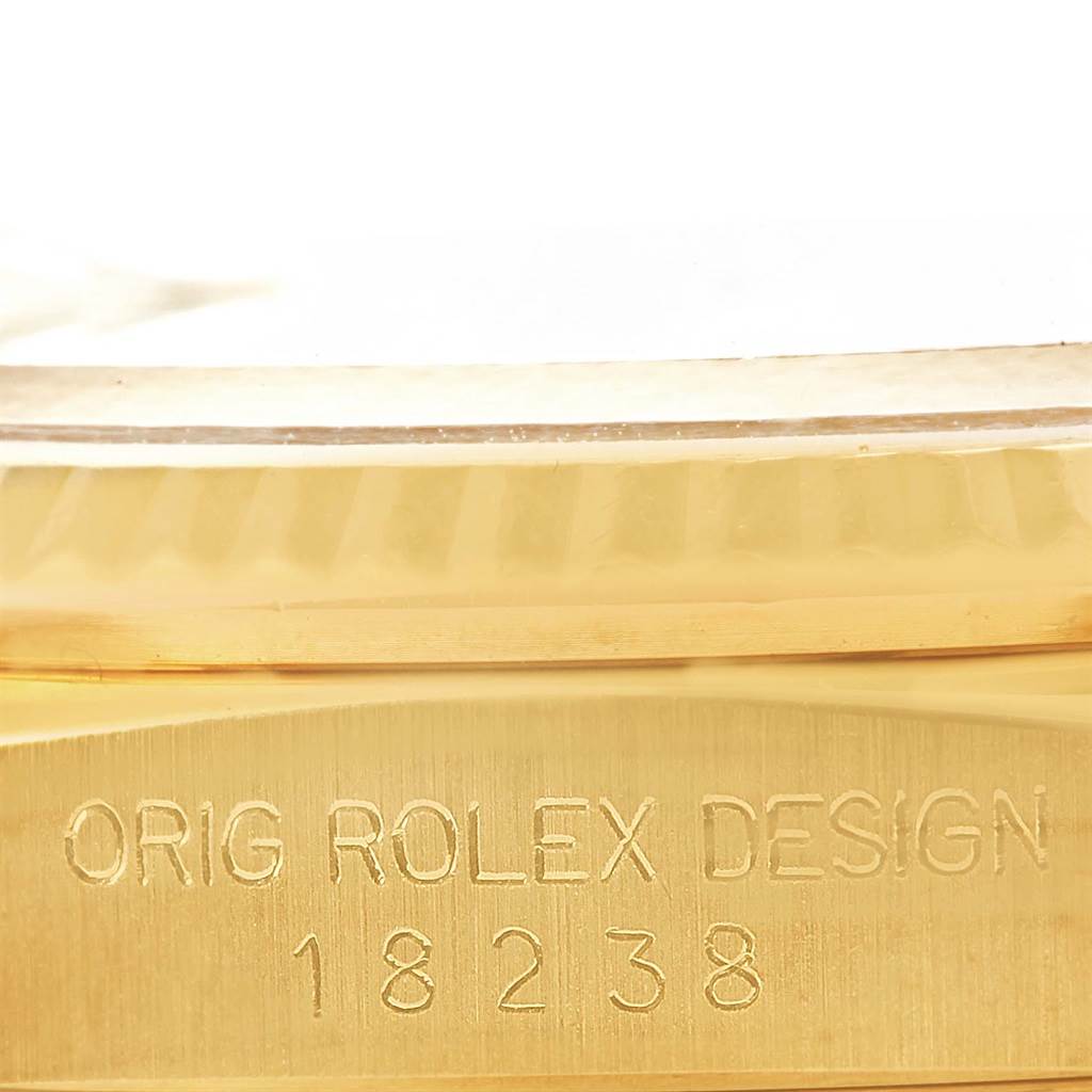 The image shows a close-up angle of the Rolex President 18238 Men's Yellow Gold Champagne Dial 18238 Men's Yellow Gold Champagne Dial model, focusing on the case side with the engraved model number 18238.