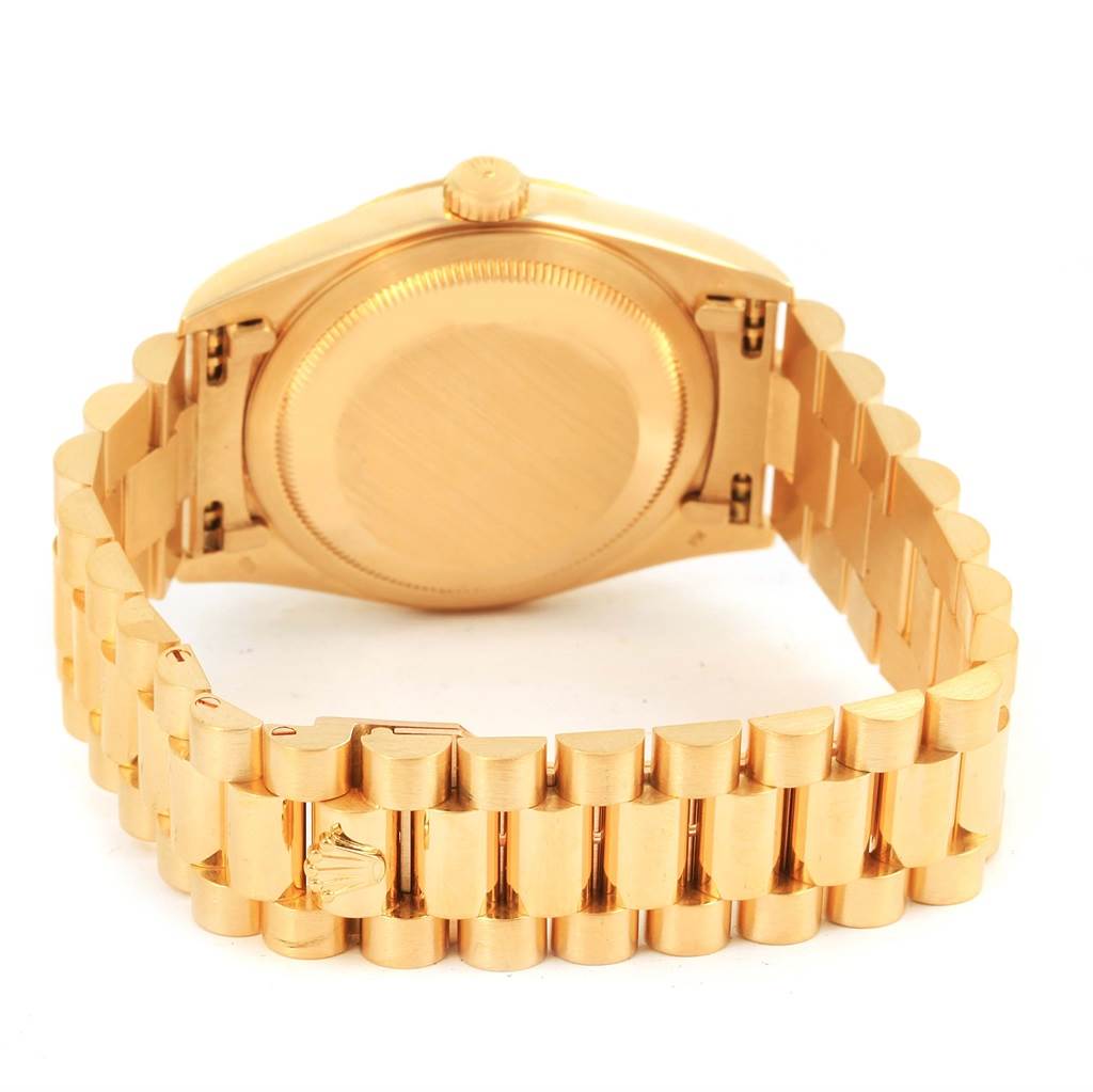 This image shows the back case and band of the Rolex President 18238 Men
s Yellow Gold Champagne Dial 18238 Men
s Yellow Gold Champagne Dial model watch from a rear angle.