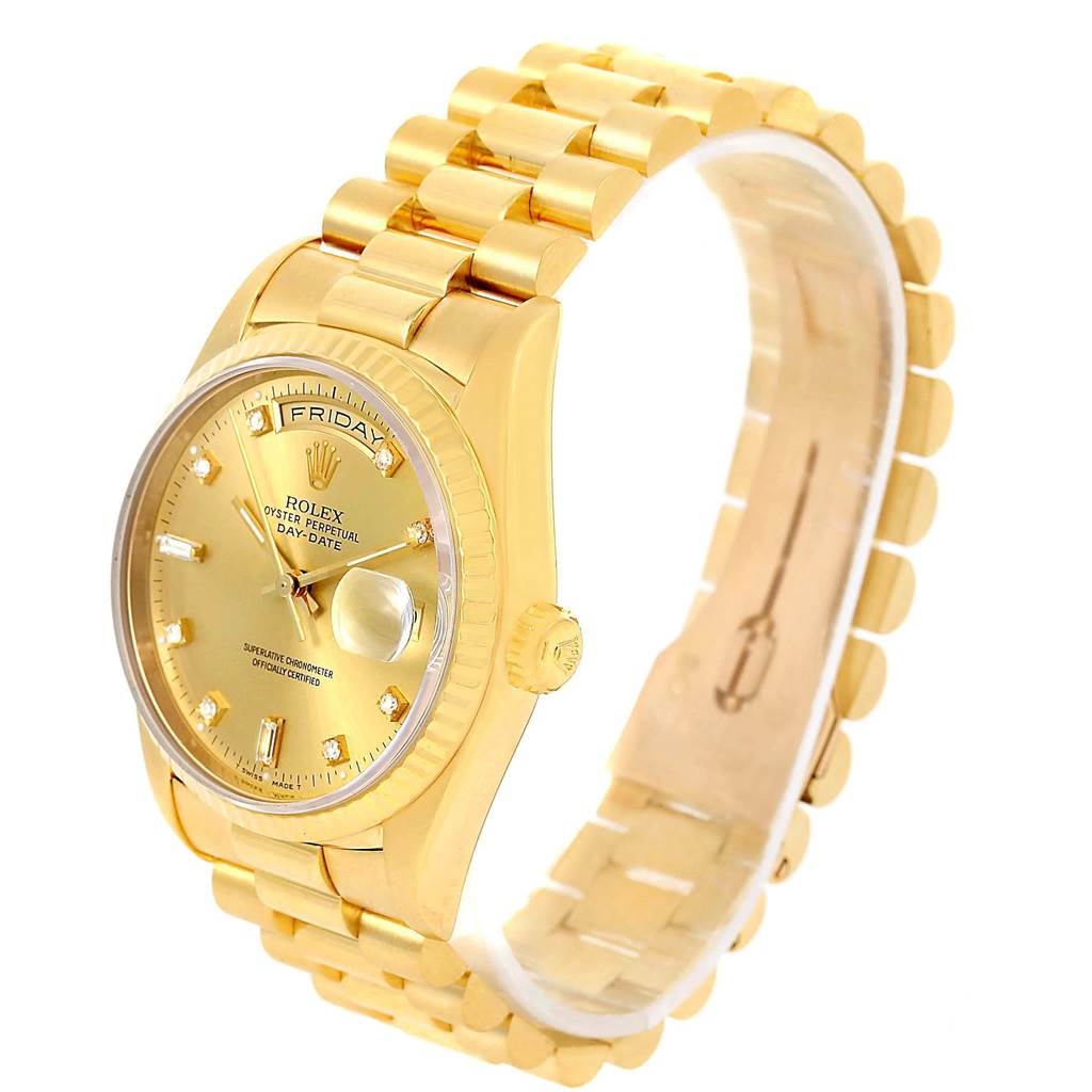 The image shows a Rolex President 18238 Men
s Yellow Gold Champagne Dial 18238 Men
s Yellow Gold Champagne Dial model watch, angled to display its gold bracelet, dial, crown, and partial side view.
