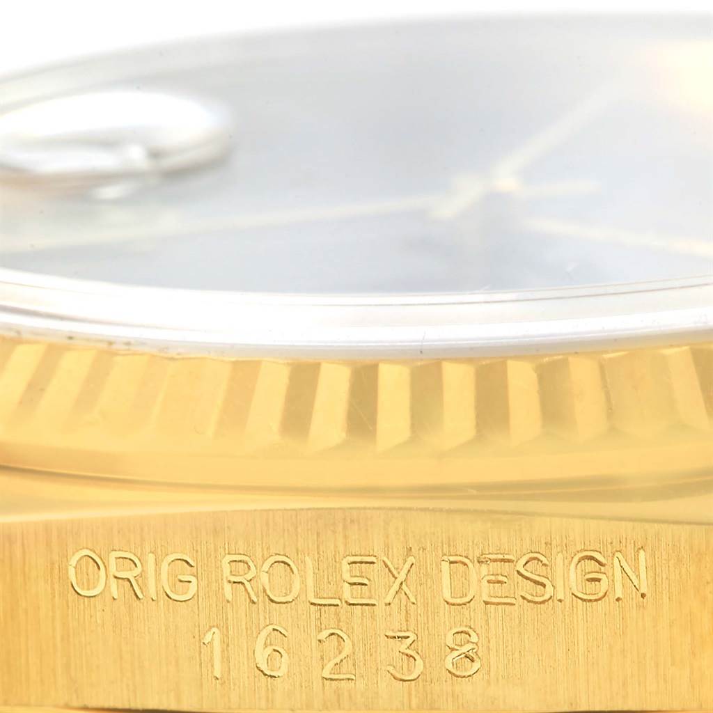 The image shows a close-up of the President model by Rolex, focusing on the bezel and case with its engraved model number 16238.