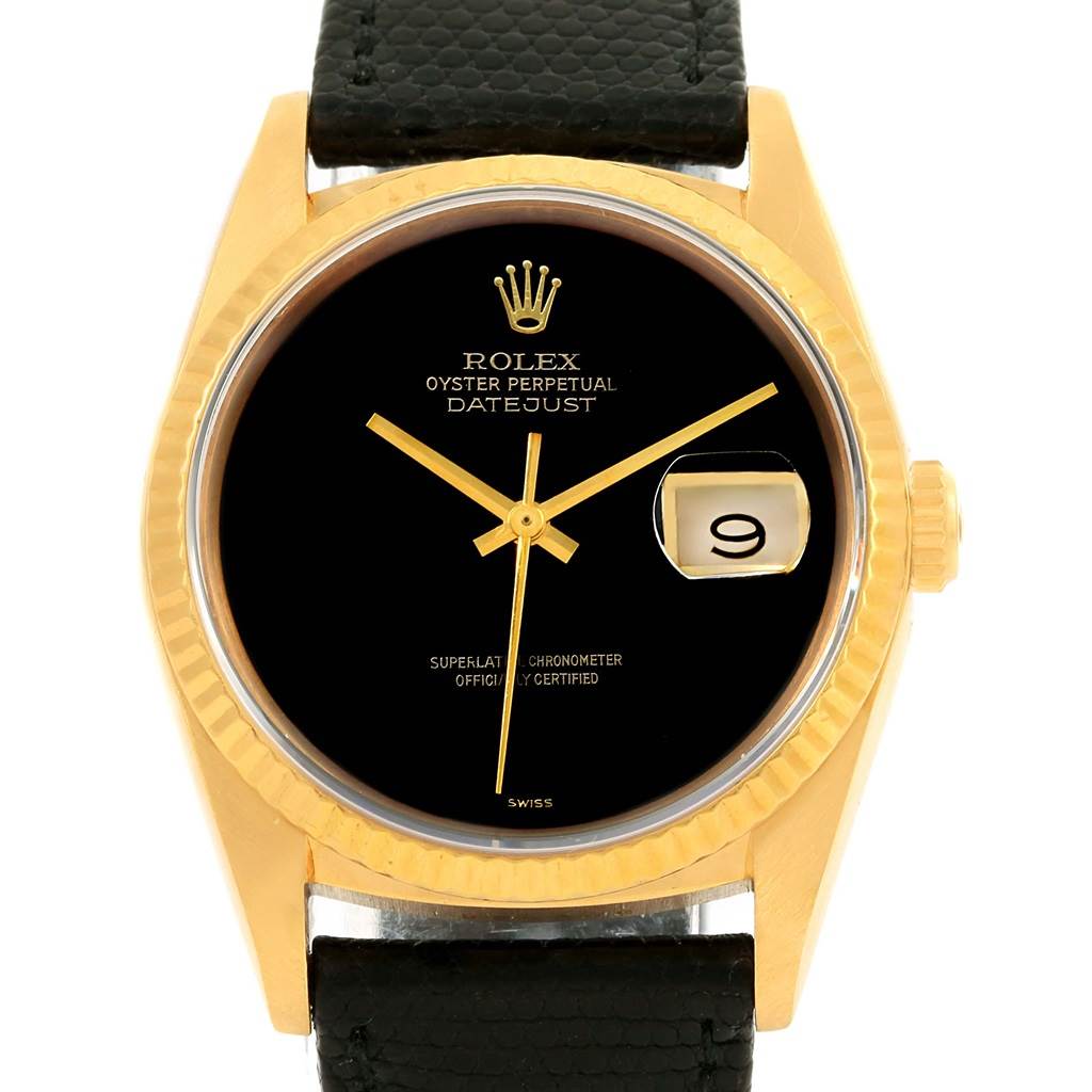 This image shows a frontal view of the Rolex President 15238 Men's Yellow Gold Black Dial 15238 Men's Yellow Gold Black Dial model watch, highlighting its black dial, gold case, and date window.