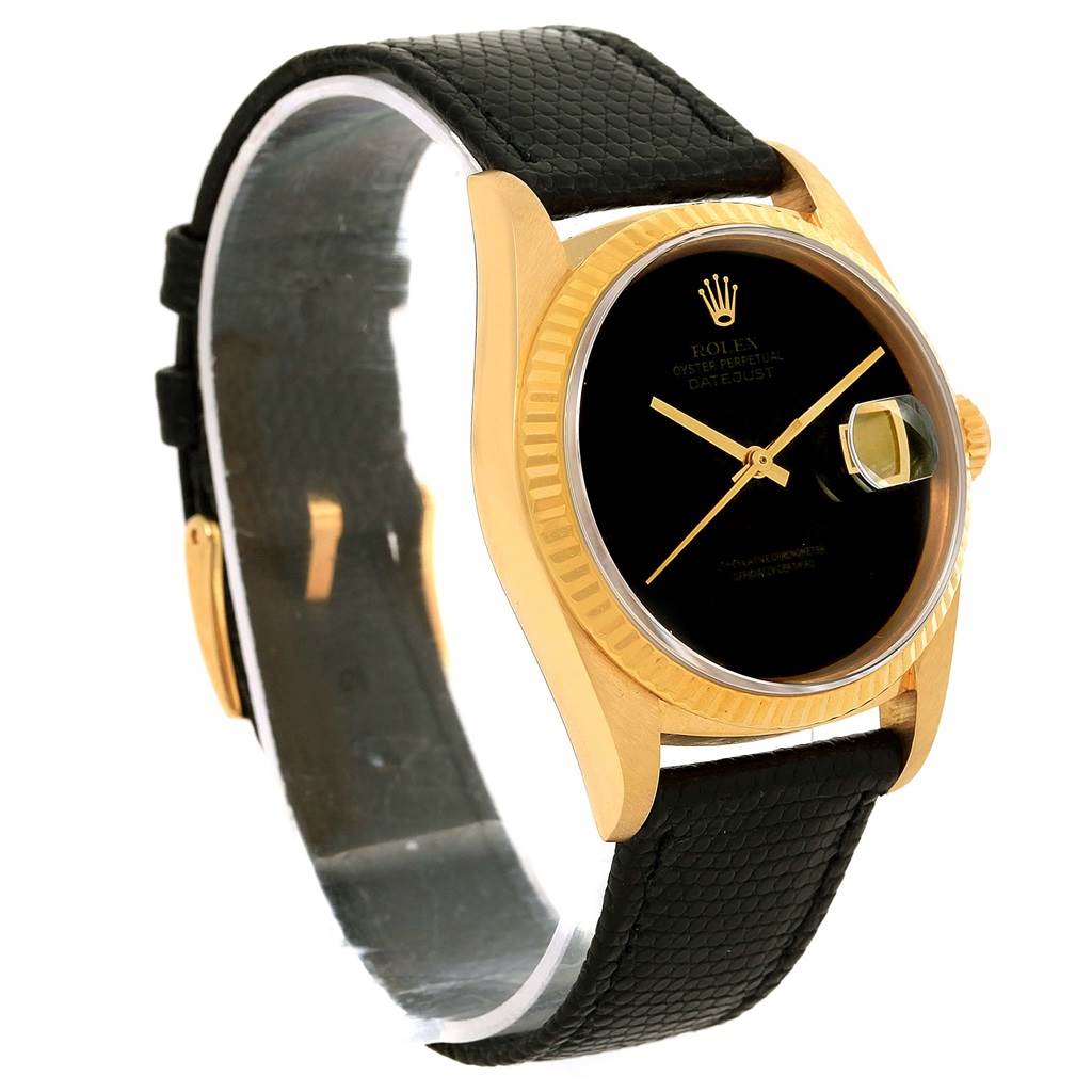 This image shows a Rolex President 15238 Men's Yellow Gold Black Dial 15238 Men's Yellow Gold Black Dial watch at a slight angle, featuring a black dial, gold case, and leather strap.