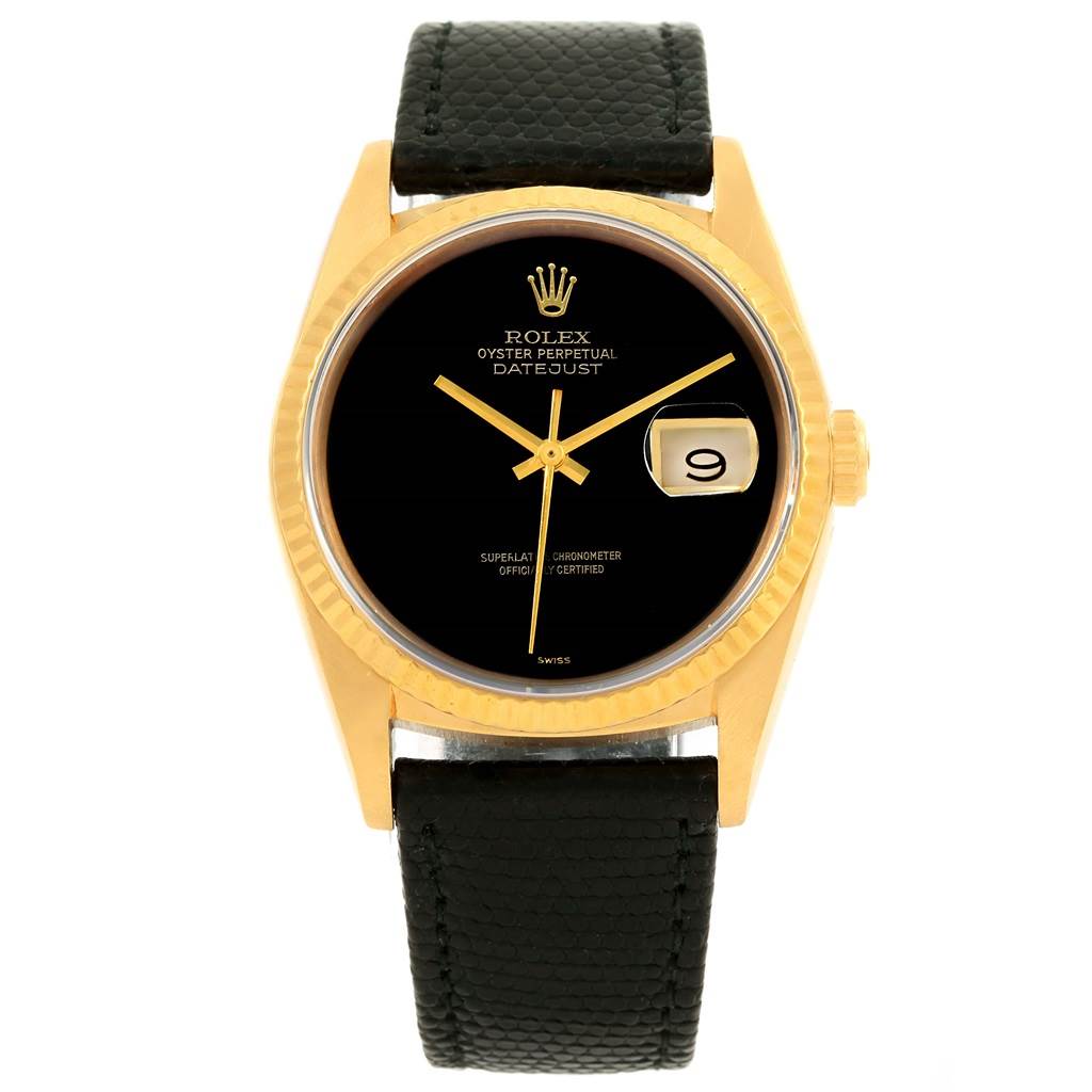 This image shows a front view of a Rolex President 15238 Men's Yellow Gold Black Dial 15238 Men's Yellow Gold Black Dial model watch with a black leather strap and a black dial with a date display.