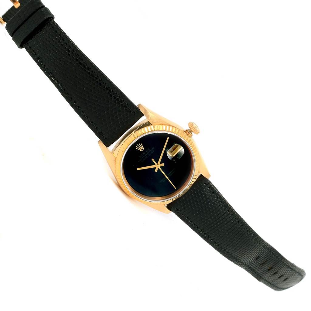 The image shows a Rolex President 15238 Men's Yellow Gold Black Dial 15238 Men's Yellow Gold Black Dial model watch from a top-down angle, displaying the face, bezel, crown, and strap.