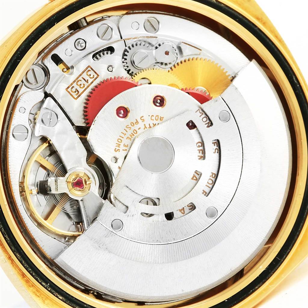 This image shows the inner mechanical movement of a Rolex President 15238 Men's Yellow Gold Black Dial 15238 Men's Yellow Gold Black Dial model watch viewed from the back.