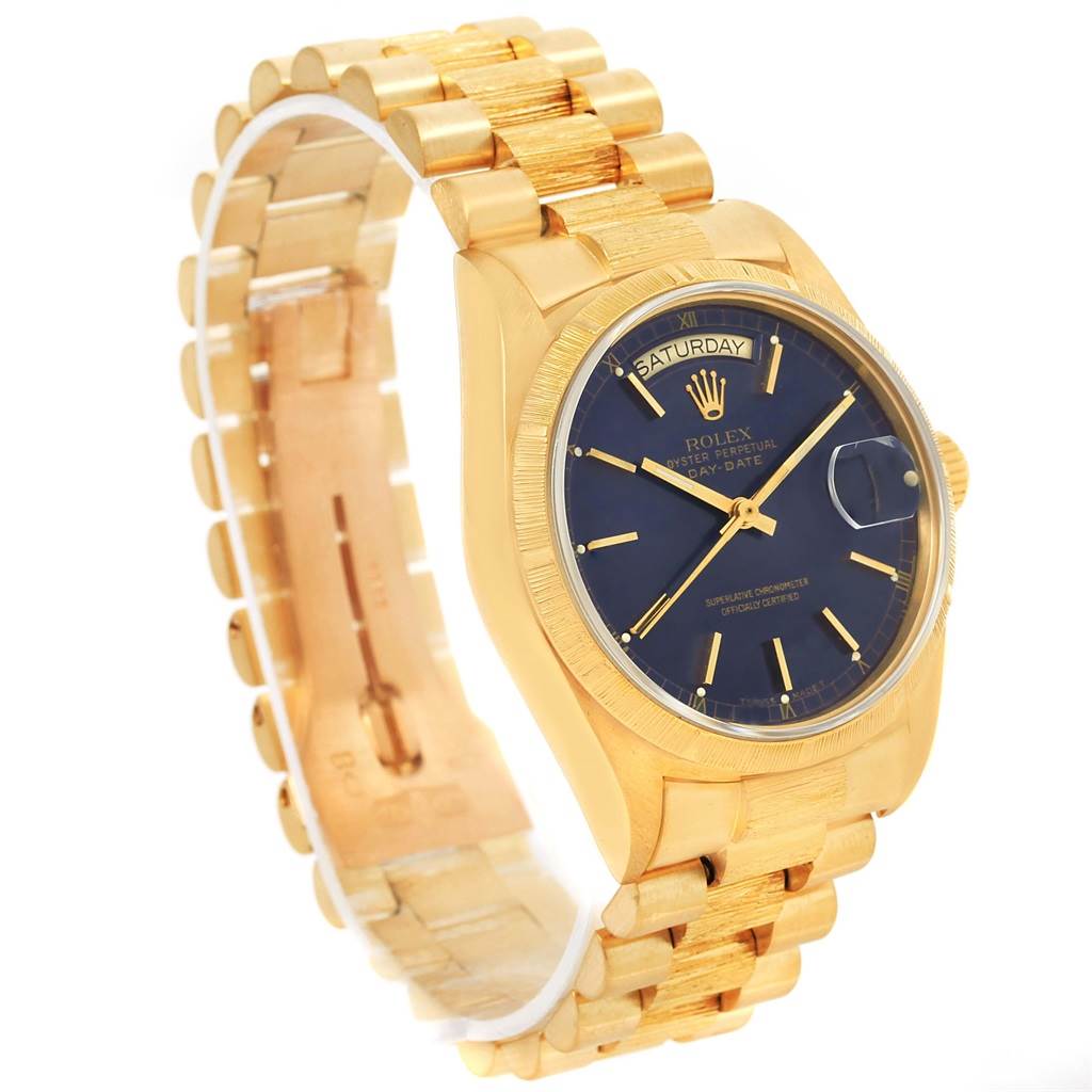 The image shows a Rolex President 18078 Men's Yellow Gold Blue Dial 18078 Men's Yellow Gold Blue Dial model watch from a side angle, highlighting the gold bracelet, blue dial, and day-date window.