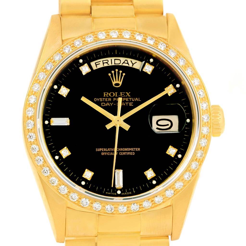 The Rolex President 18038 Men's Yellow Gold Black Dial 18038 Men's Yellow Gold Black Dial watch shown is angled from the top, displaying the face, bezel, and part of the bracelet.