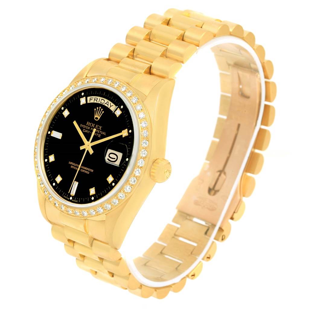 The Rolex President 18038 Men's Yellow Gold Black Dial 18038 Men's Yellow Gold Black Dial model watch is angled to show the face, bracelet, bezel, and partially the crown.
