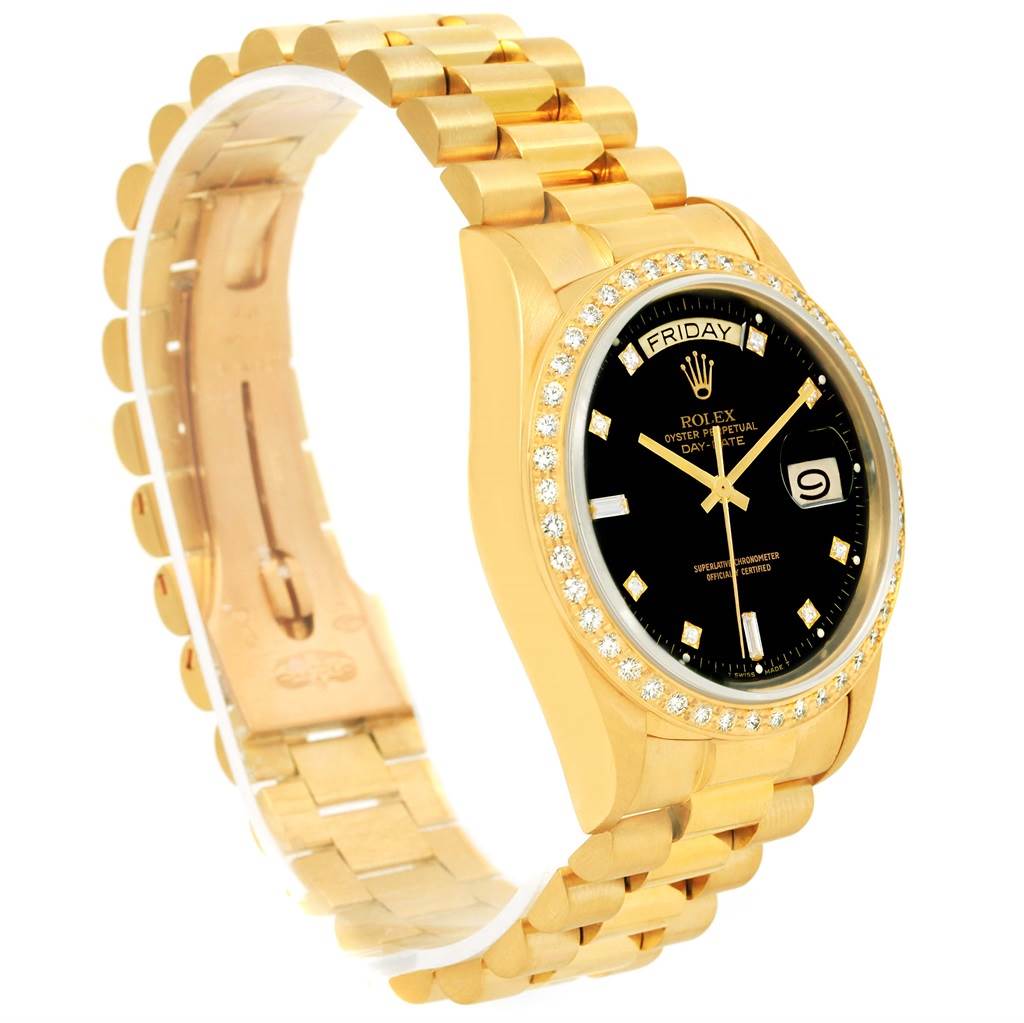 The image shows a gold Rolex President 18038 Men's Yellow Gold Black Dial 18038 Men's Yellow Gold Black Dial model watch at a three-quarter angle, highlighting its bracelet, diamond bezel, and black dial.