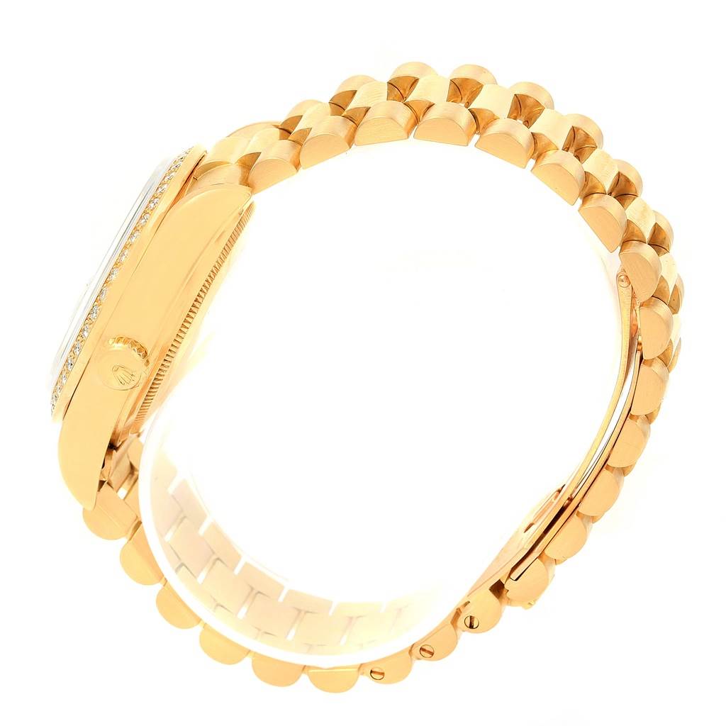 The Rolex President 18038 Men's Yellow Gold Black Dial 18038 Men's Yellow Gold Black Dial model watch is shown from the side, highlighting the band and partially the case.