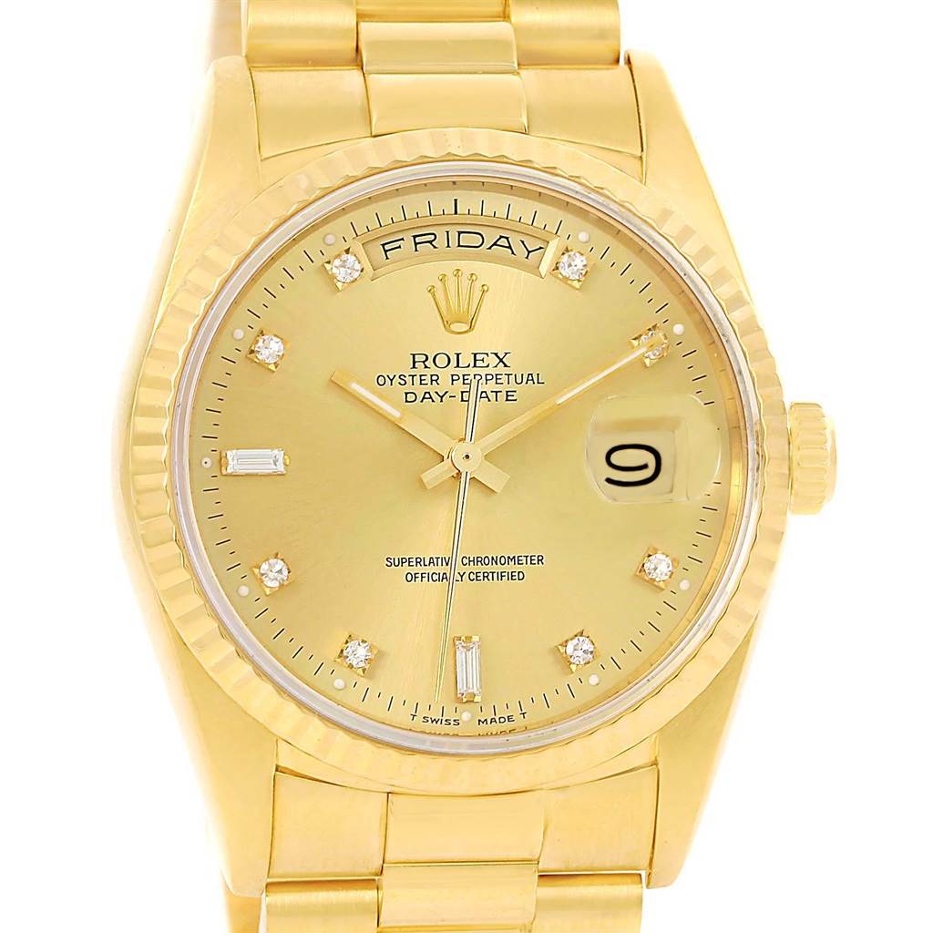 This image shows the front face of the Rolex President 18238 Men's Yellow Gold Champagne Dial 18238 Men's Yellow Gold Champagne Dial model watch, highlighting the dial, hands, date window, and bracelet.