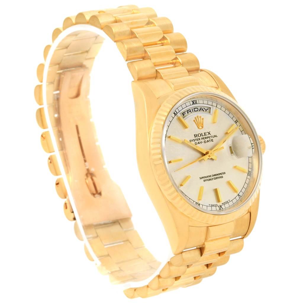The image shows a Rolex President 18238 Men
s Yellow Gold Silver Dial 18238 Men
s Yellow Gold Silver Dial model watch angled from the left-front, displaying the face, bracelet, and part of the case.