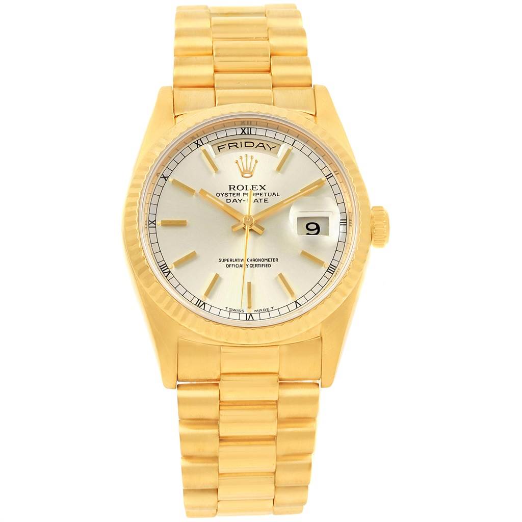 This image shows a Rolex President 18238 Men
s Yellow Gold Silver Dial 18238 Men
s Yellow Gold Silver Dial model watch from a front view, highlighting its dial, case, bracelet, and crown.