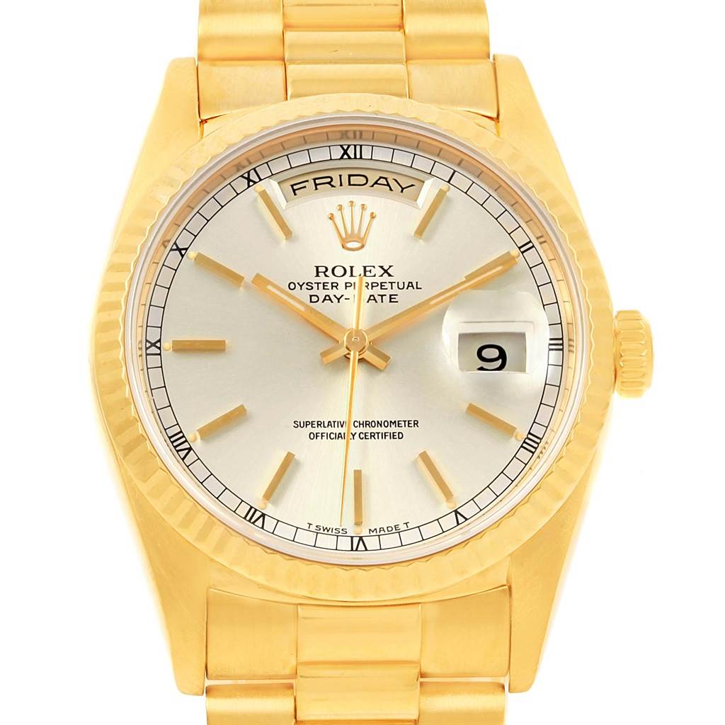 The image shows a close-up, front-facing view of a Rolex President 18238 Men
s Yellow Gold Silver Dial 18238 Men
s Yellow Gold Silver Dial model watch, highlighting the dial, hands, date, and bracelet.