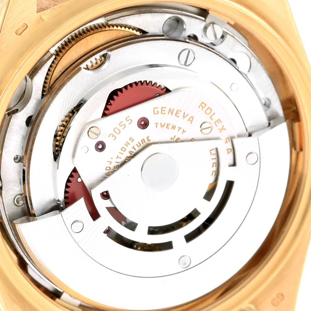 This image shows a close-up of the internal mechanism and movement of a Rolex President 18078 Men's Yellow Gold Champagne Dial 18078 Men's Yellow Gold Champagne Dial model watch.