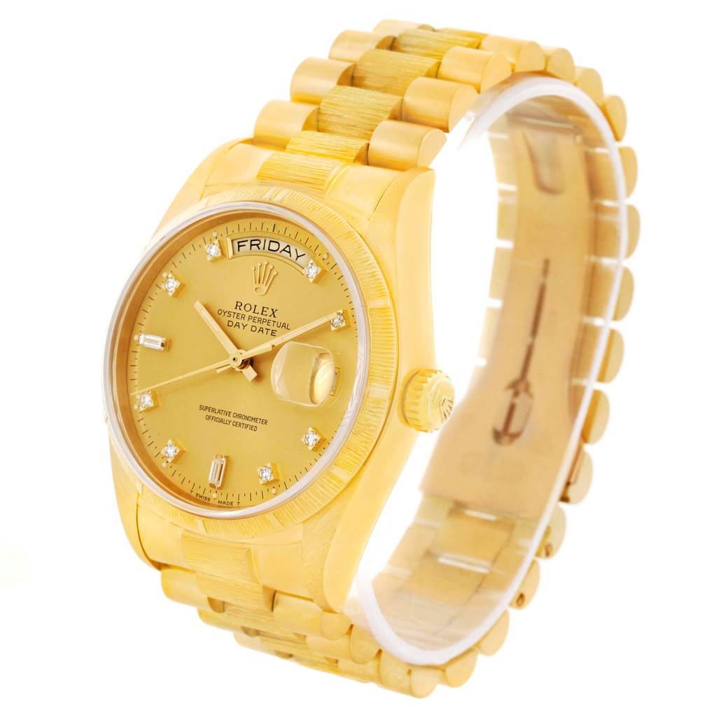 The Rolex President 18078 Men's Yellow Gold Champagne Dial 18078 Men's Yellow Gold Champagne Dial model is shown at an angled side view, displaying the face, bezel, crown, and part of the bracelet.