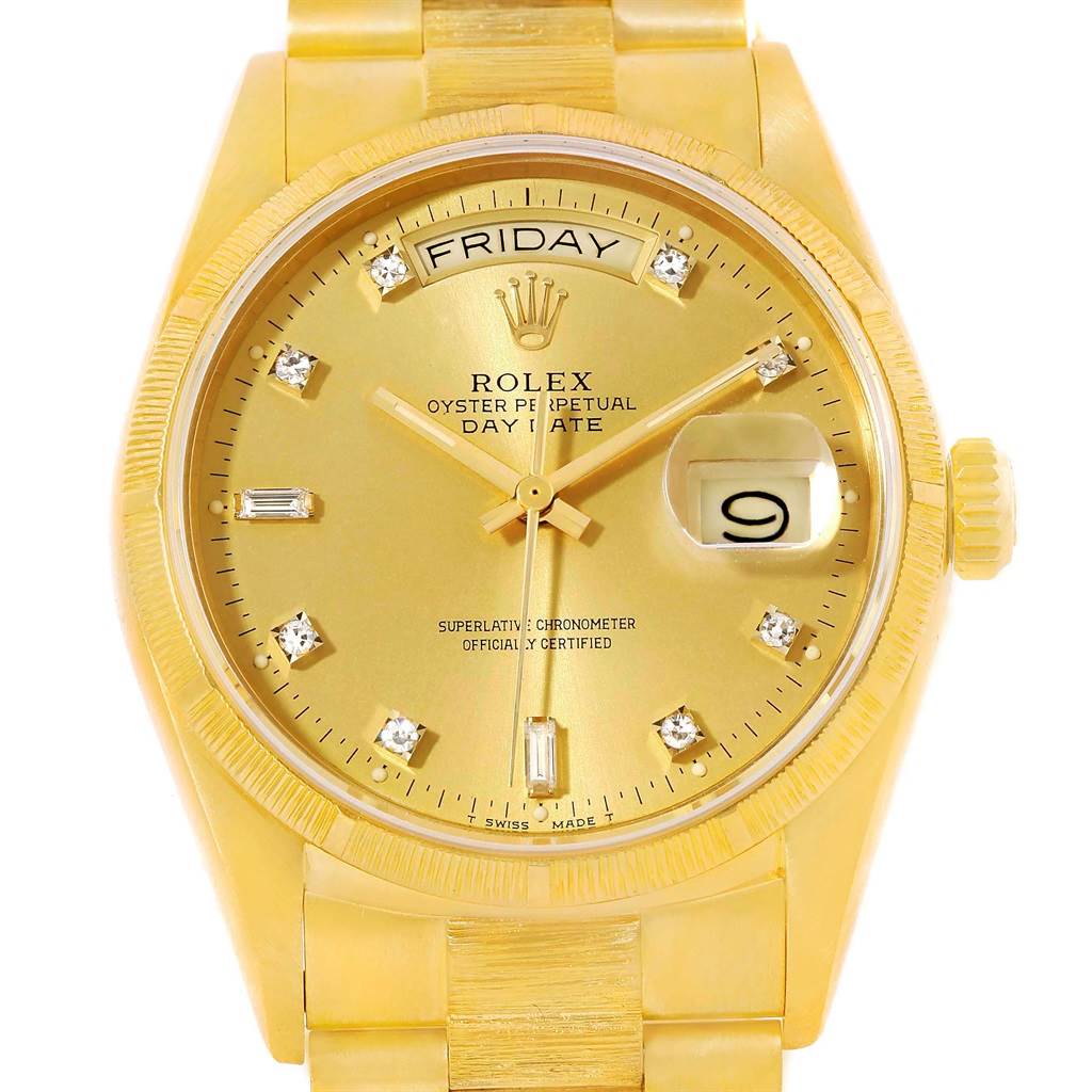 This is a front view of a Rolex President 18078 Men's Yellow Gold Champagne Dial 18078 Men's Yellow Gold Champagne Dial model watch, showcasing its gold dial, date window, day display, and diamond hour markers.