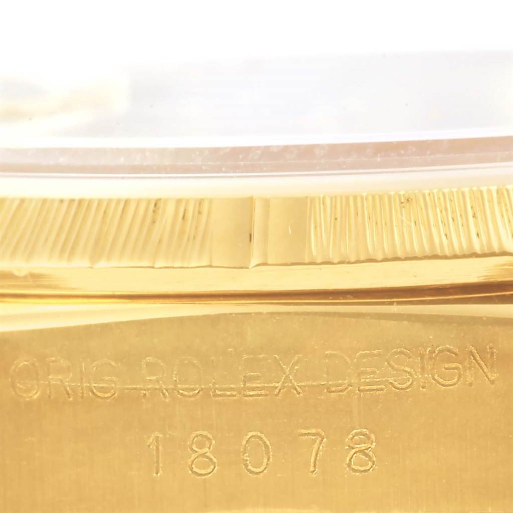 The image shows a close-up side view of the case and bezel of a Rolex President 18078 Men's Yellow Gold Champagne Dial 18078 Men's Yellow Gold Champagne Dial model, displaying the serial number 18078.