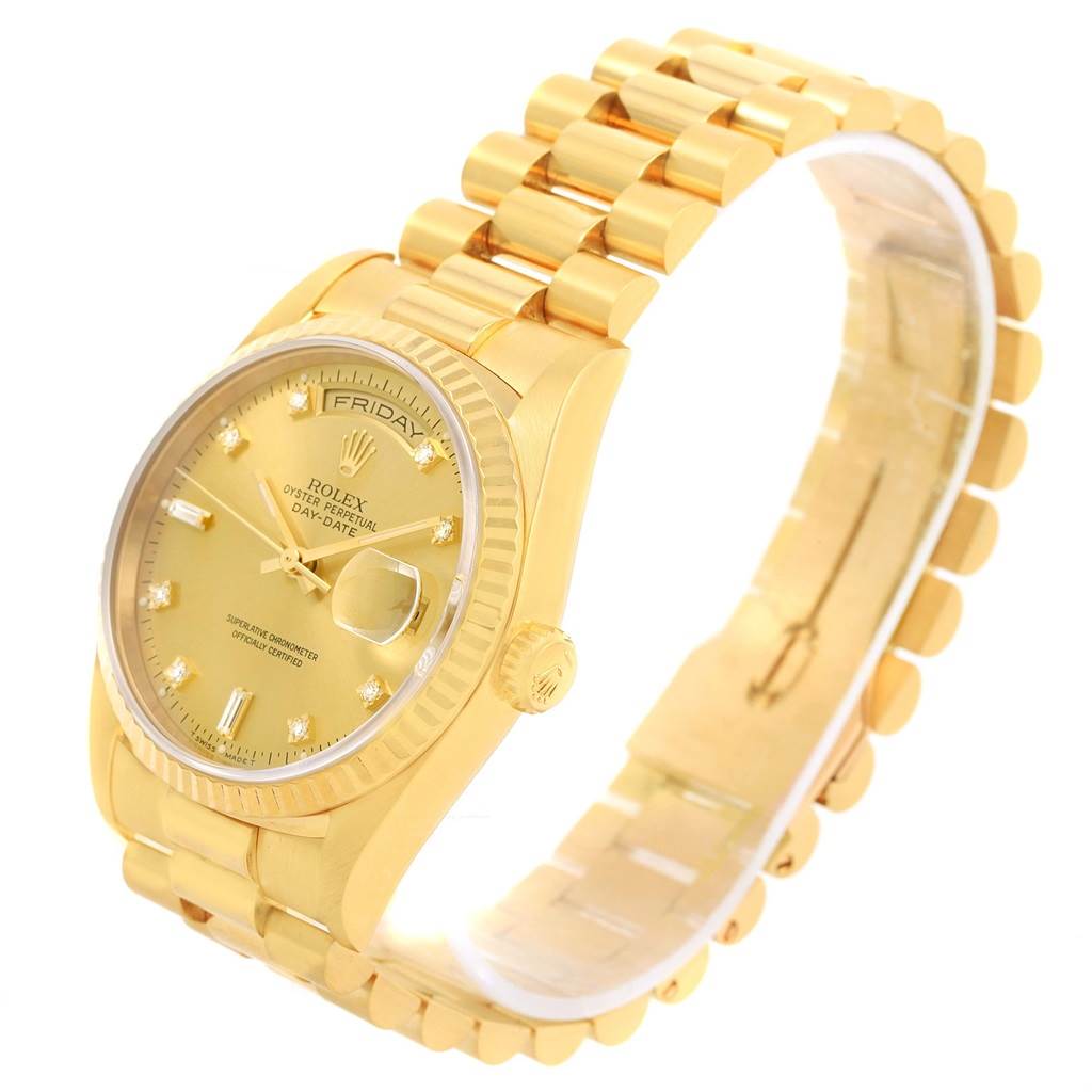 The image shows a gold Rolex President 18238 Men's Yellow Gold Champagne Dial 18238 Men's Yellow Gold Champagne Dial model watch, highlighting its bracelet, face, fluted bezel, and crown from an angled side view.