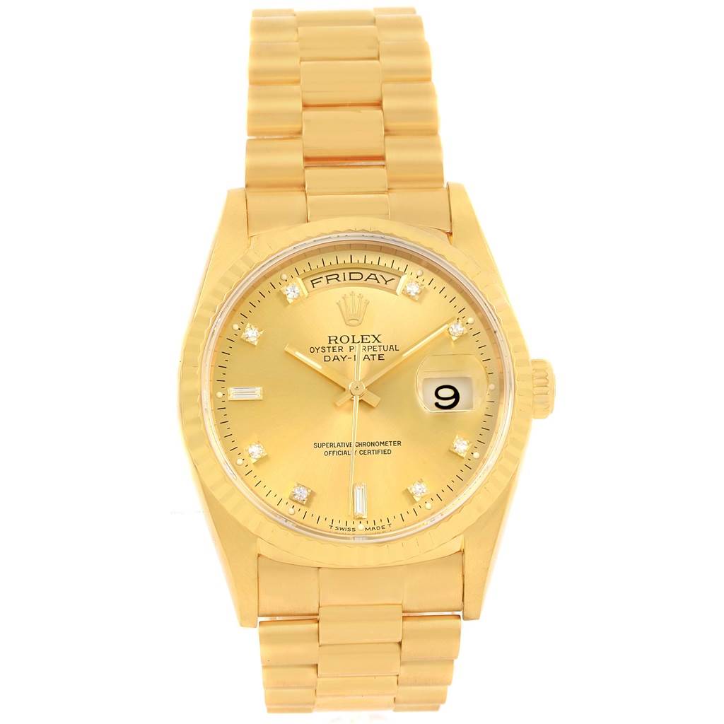 The image shows a frontal view of the Rolex President 18238 Men's Yellow Gold Champagne Dial 18238 Men's Yellow Gold Champagne Dial model watch, including the bracelet, dial, and bezel.
