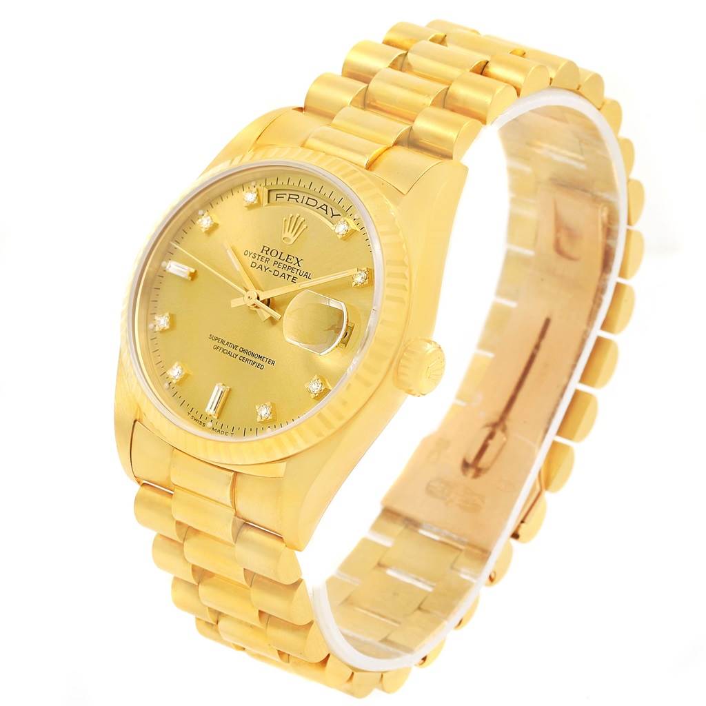 The image shows a Rolex President 18238 Men's Yellow Gold Champagne Dial 18238 Men's Yellow Gold Champagne Dial model watch from an angled side view, highlighting the dial, bracelet, and crown.