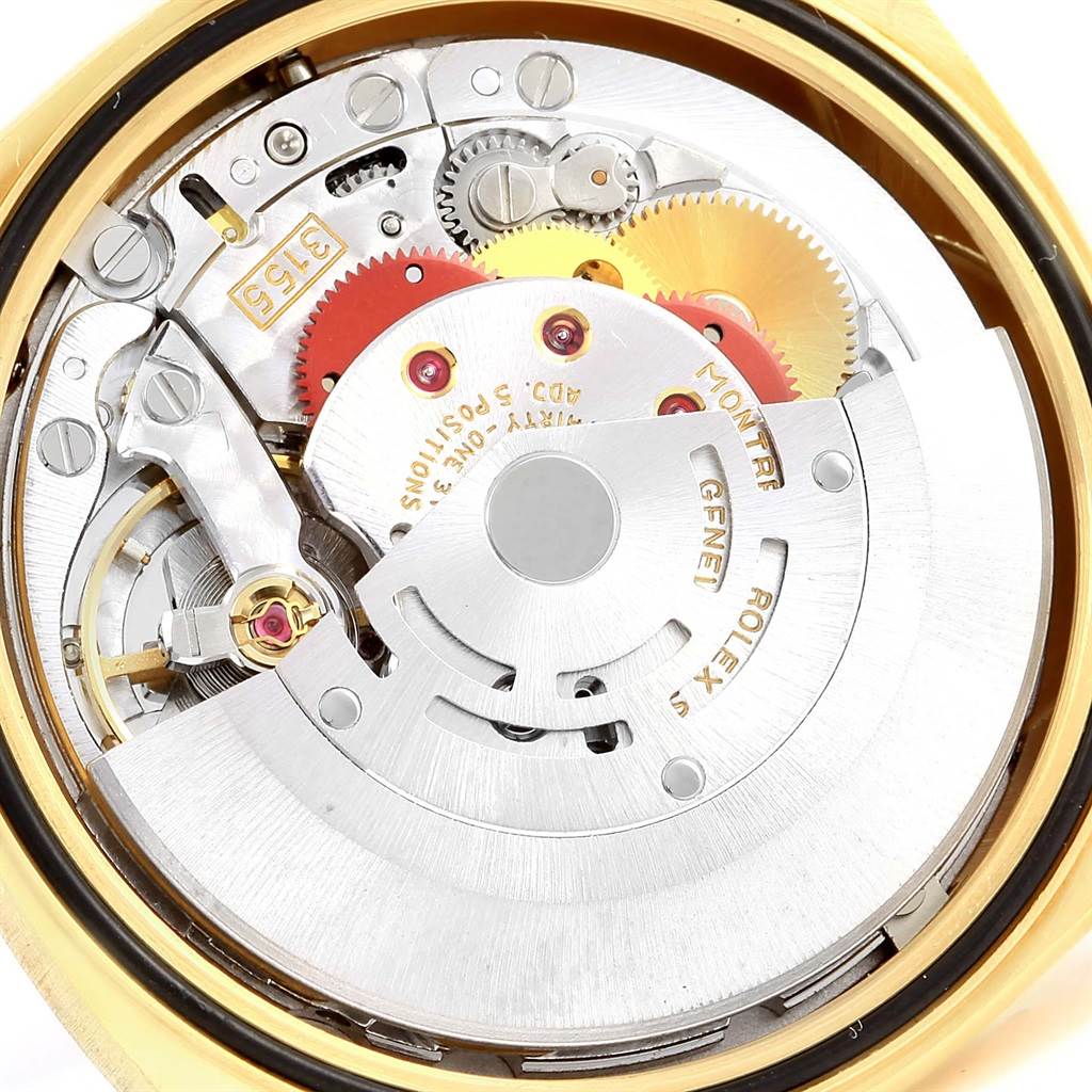 This image shows the internal movement mechanism of a Rolex President 18238 Men's Yellow Gold Champagne Dial 18238 Men's Yellow Gold Champagne Dial model watch from a top-down angle.