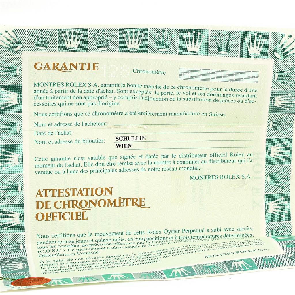 The image shows the warranty certificate for a Rolex President 18238 Men's Yellow Gold Champagne Dial 18238 Men's Yellow Gold Champagne Dial model, including purchase details and official certification.