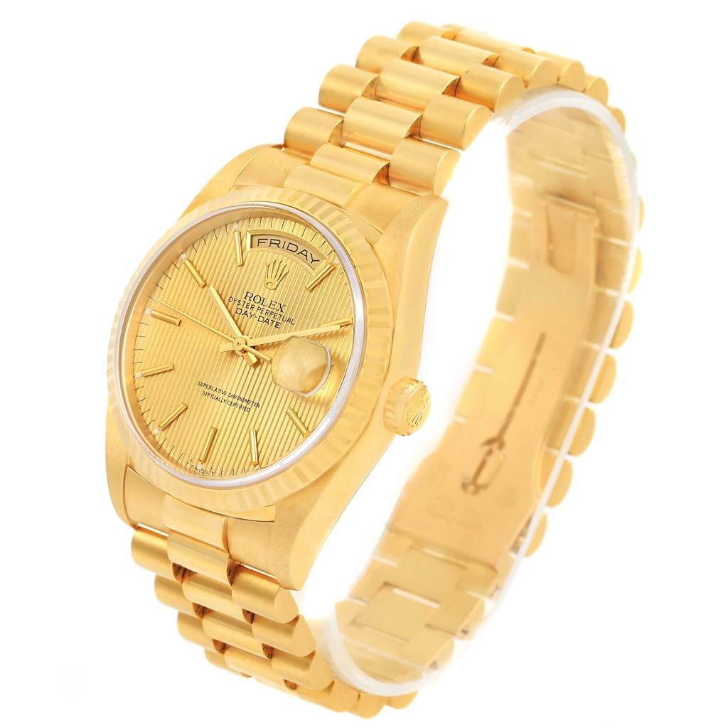 The Rolex President 18238 Men's Yellow Gold Champagne Dial 18238 Men's Yellow Gold Champagne Dial model watch is shown at a three-quarter angle, highlighting its gold bracelet, dial, and crown.