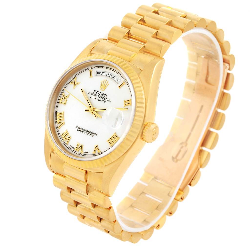 The image shows a Rolex President 18238 Men's Yellow Gold White Dial 18238 Men's Yellow Gold White Dial model watch, angled to display the dial, bracelet, and right side with the crown fully visible.