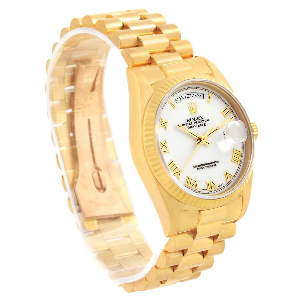 The image shows a side angle of a Rolex President 18238 Men's Yellow Gold White Dial 18238 Men's Yellow Gold White Dial model watch, highlighting the bracelet, case, and dial.