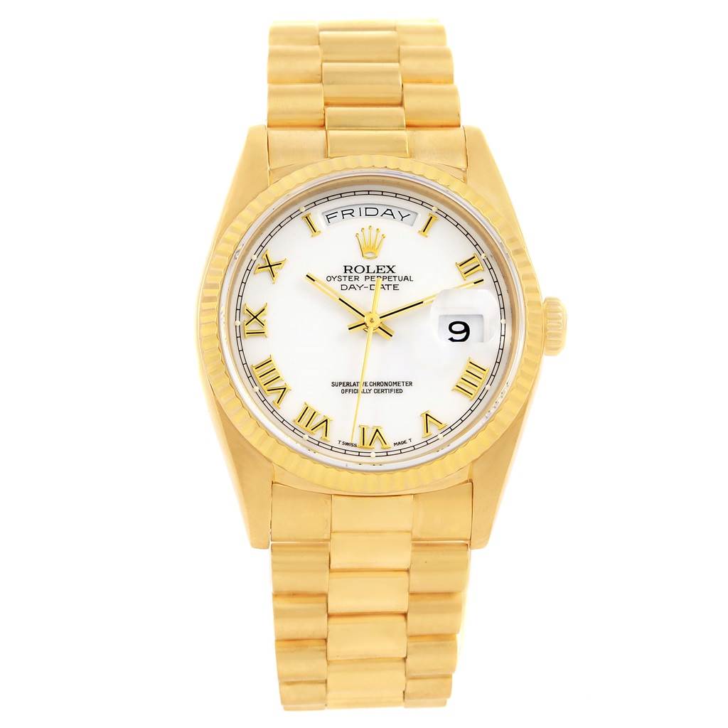 The Rolex President 18238 Men's Yellow Gold White Dial 18238 Men's Yellow Gold White Dial model watch is shown from a frontal angle, displaying the face, bracelet, and crown.