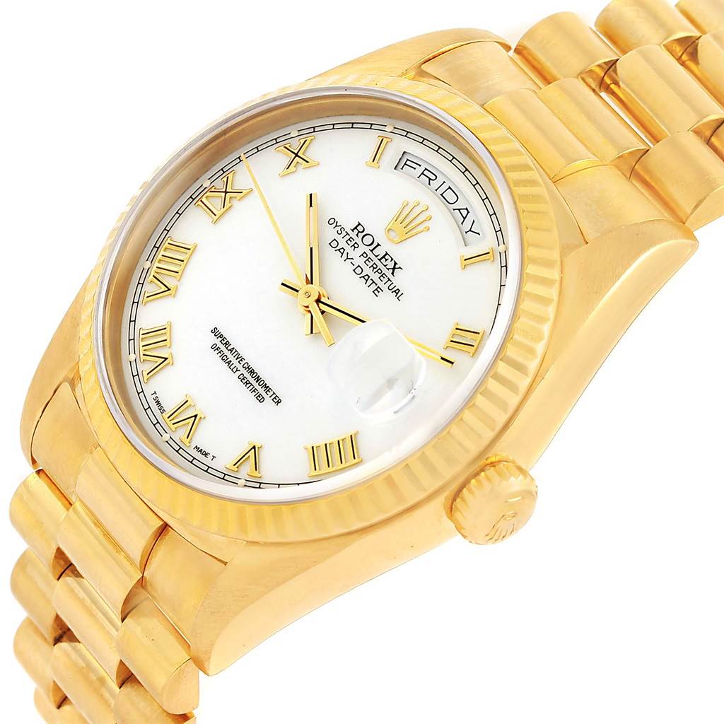 The Rolex President 18238 Men's Yellow Gold White Dial 18238 Men's Yellow Gold White Dial model watch is shown at a tilted angle, displaying the face, bezel, crown, and part of the bracelet.