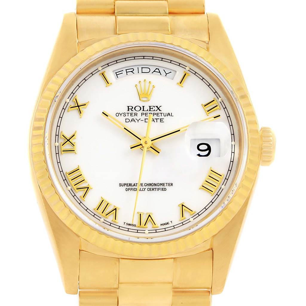 This image shows a frontal view of the Rolex President 18238 Men's Yellow Gold White Dial 18238 Men's Yellow Gold White Dial Oyster Perpetual Day-Date watch, highlighting its dial, bezel, and bracelet.