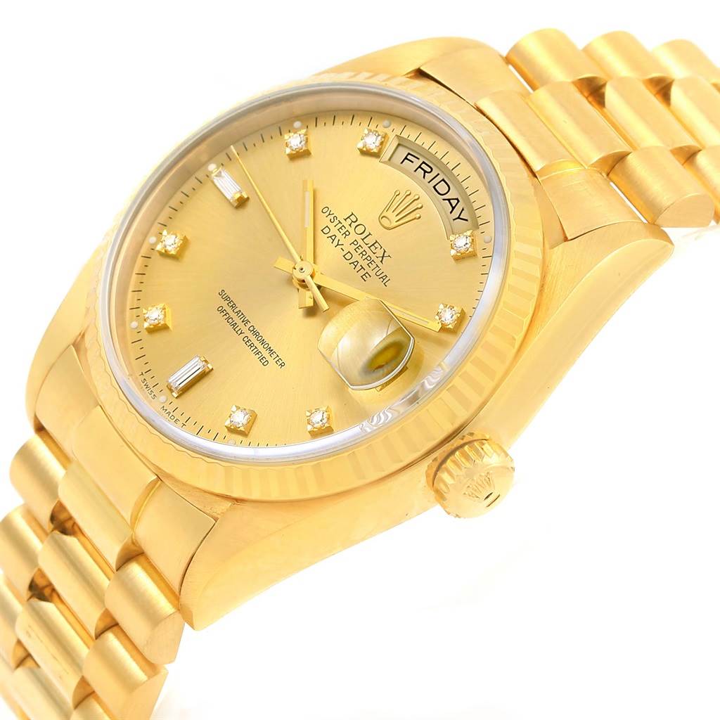 The image shows a close-up angle of a Rolex President 18038 Men's Yellow Gold Champagne Dial 18038 Men's Yellow Gold Champagne Dial watch, highlighting the dial, crown, and bracelet.